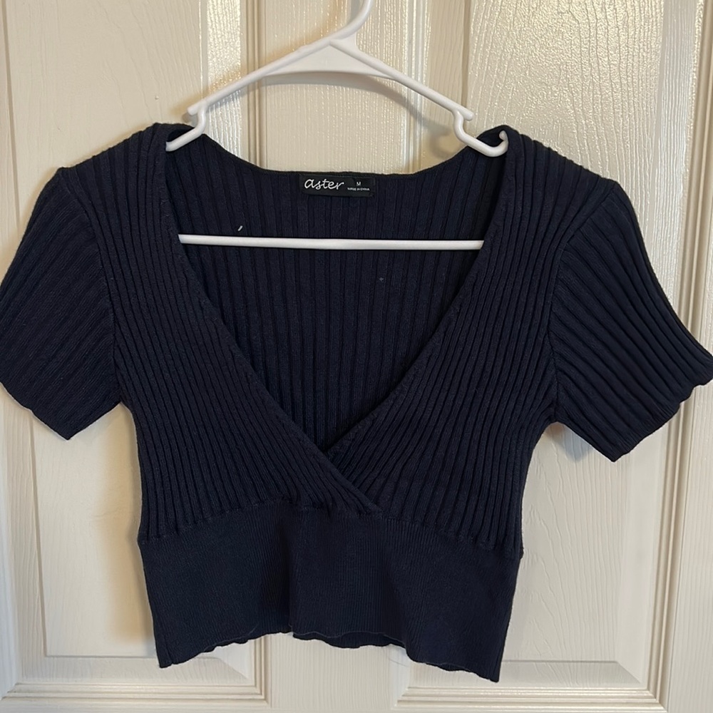 Rib knit, short sleeve Navy top